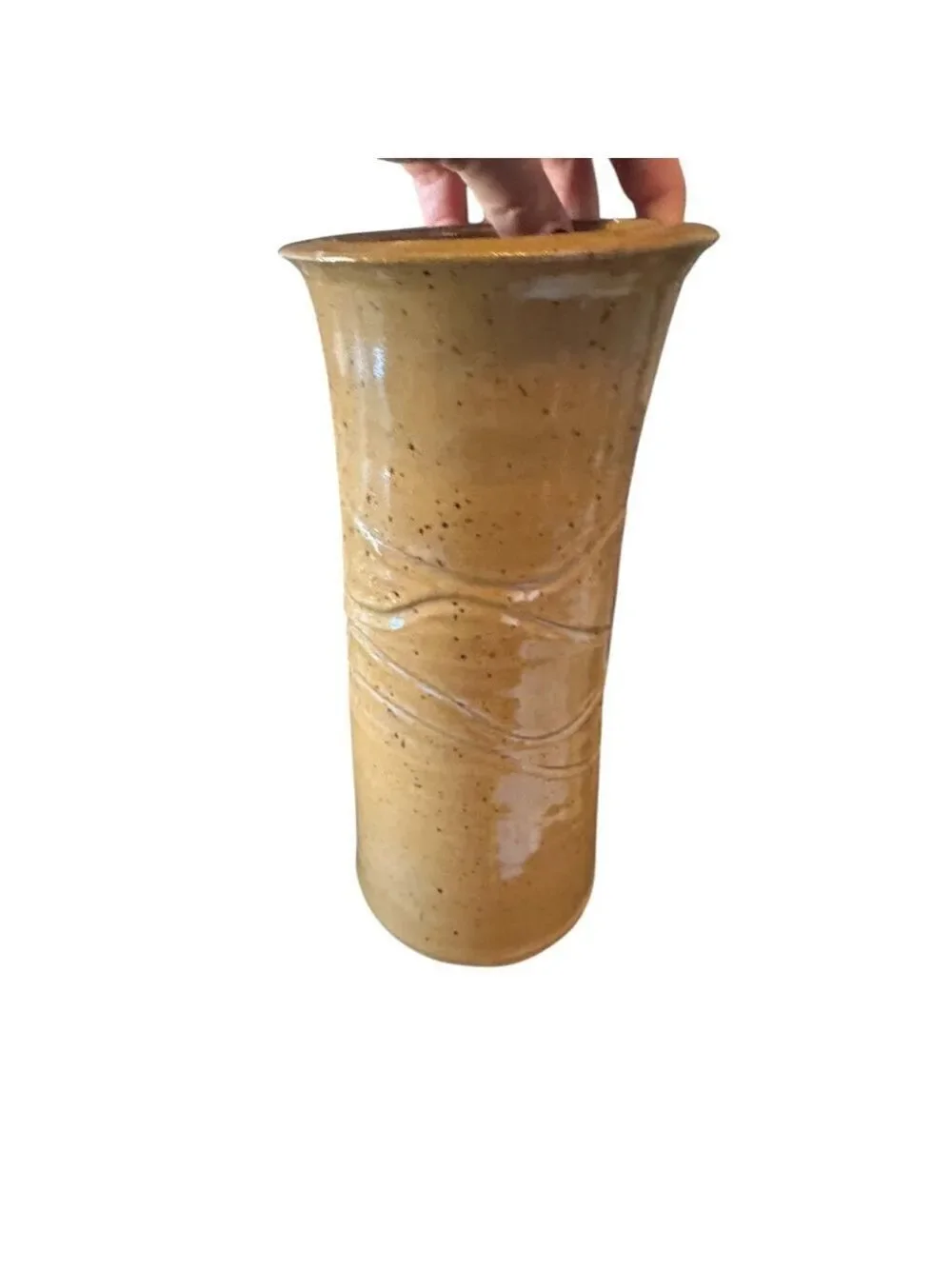 Vintage Mid-Century Modern Signed Artisan Tan Ceramic Pottery Vase